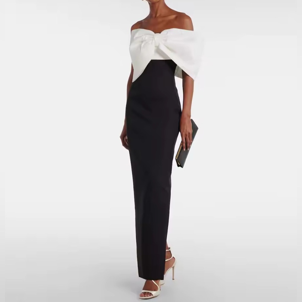 NEW $568 Anne of London Elegant Bow Black and White Off-Shoulder Dress